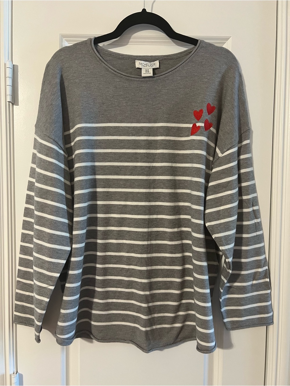 Rachel Zoe Gray & White Stripe Top with Red Heart Embroidered Detail